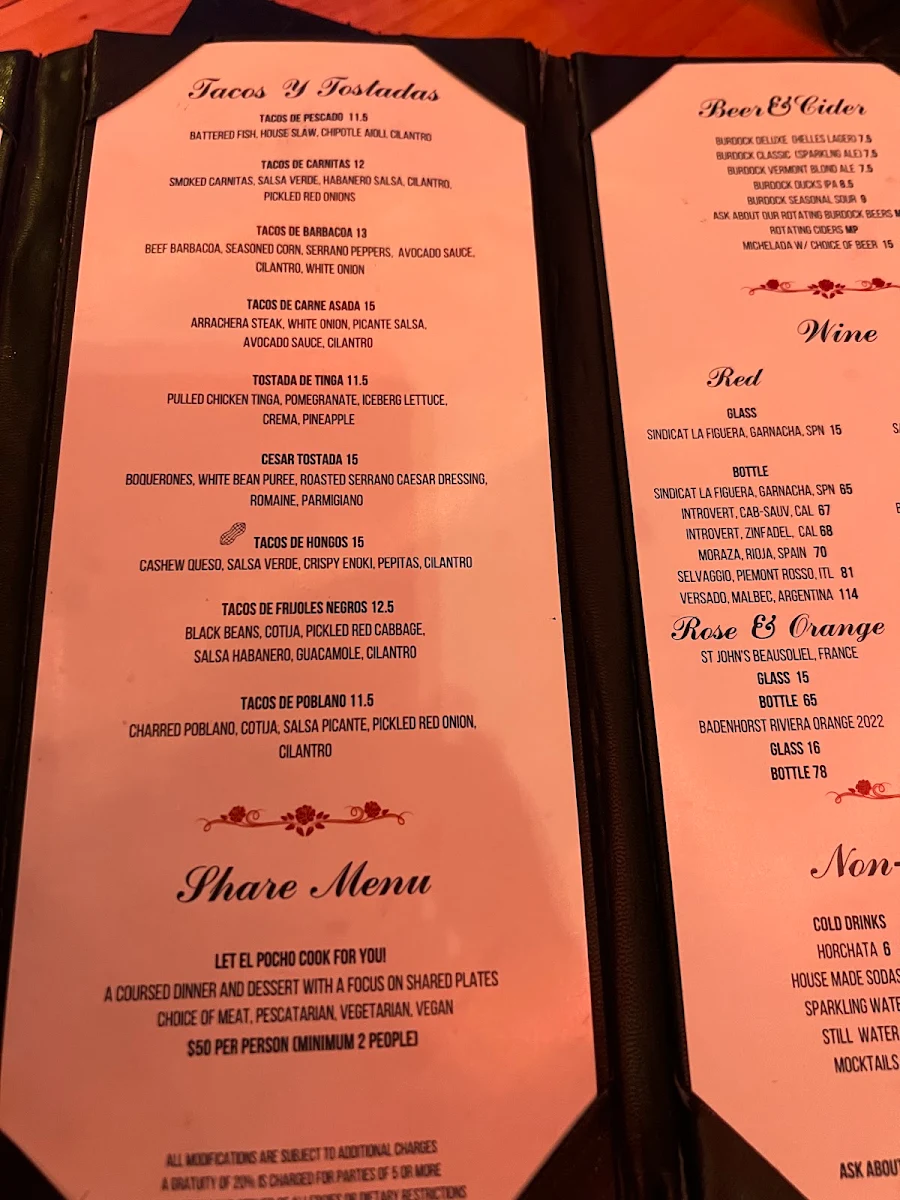 Menu, El Pocho Antojitos Bar