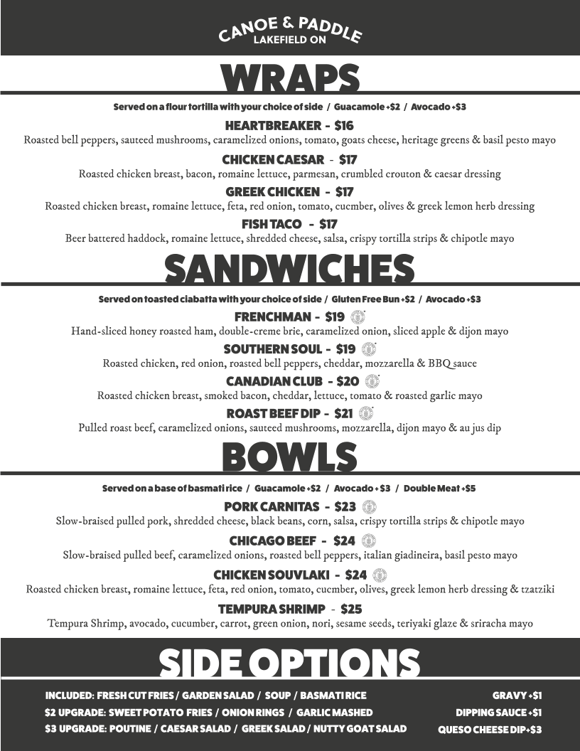 Menu, Canoe & Paddle