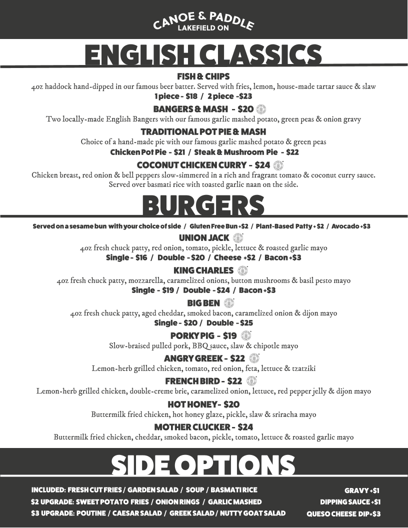 Menu, Canoe & Paddle