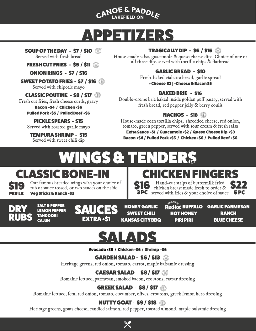 Menu, Canoe & Paddle