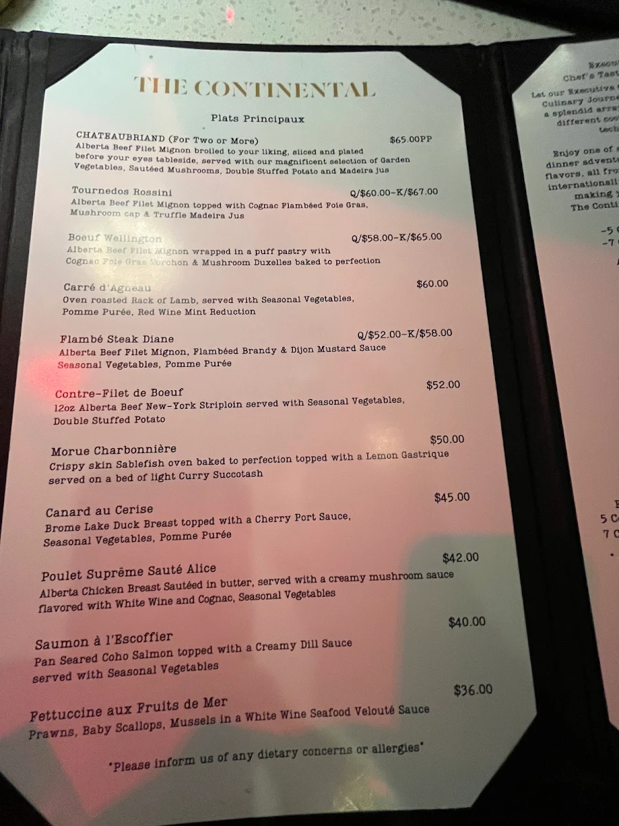 Menu, The Continental Restaurant