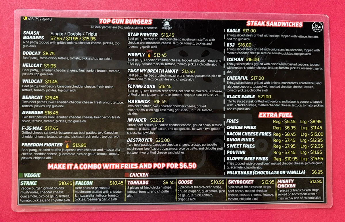 Menu, Top Gun Burger