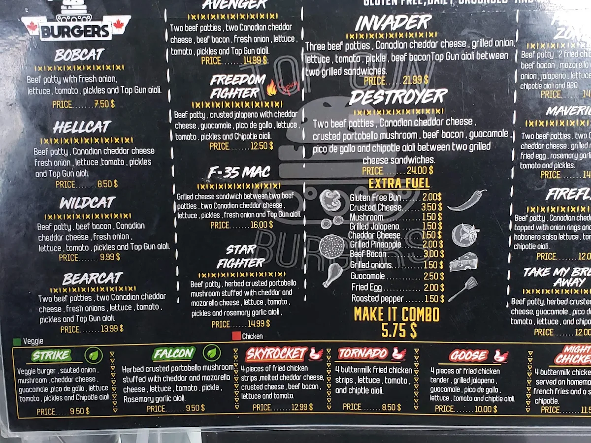Menu, Top Gun Burger