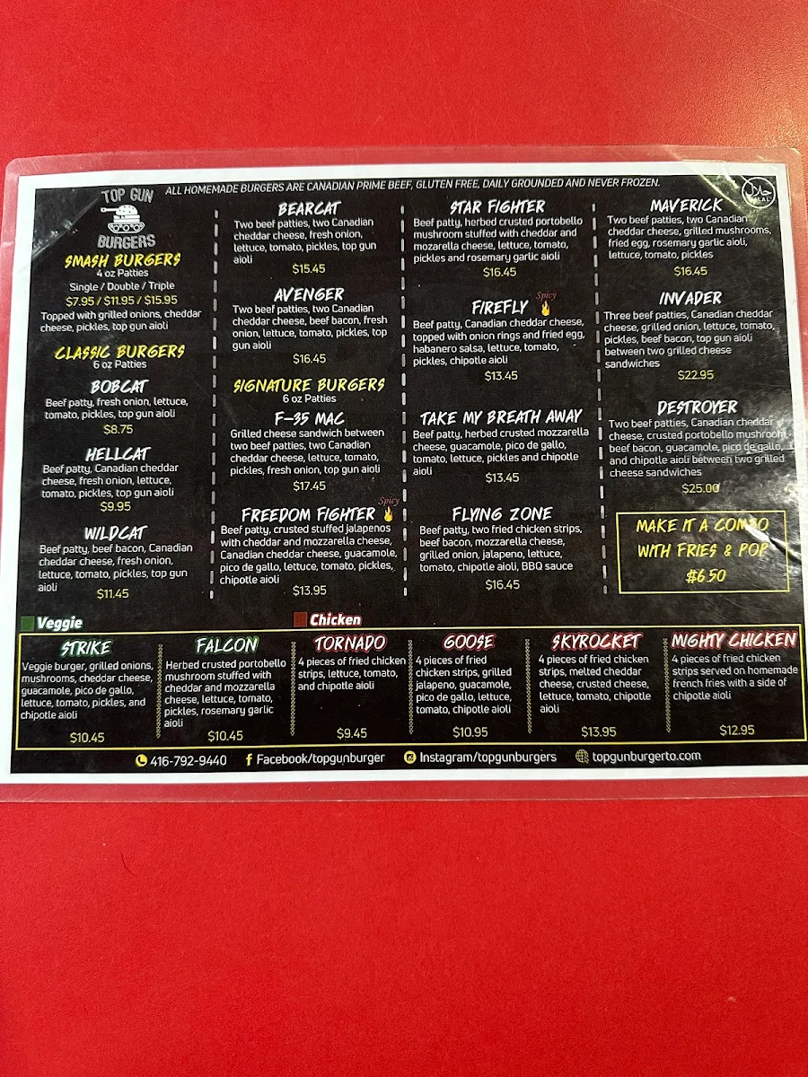 Menu, Top Gun Burger