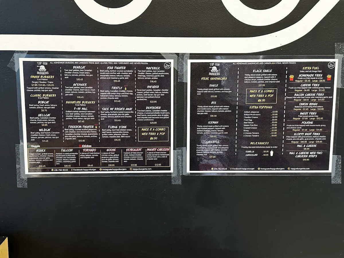 Menu, Top Gun Burger