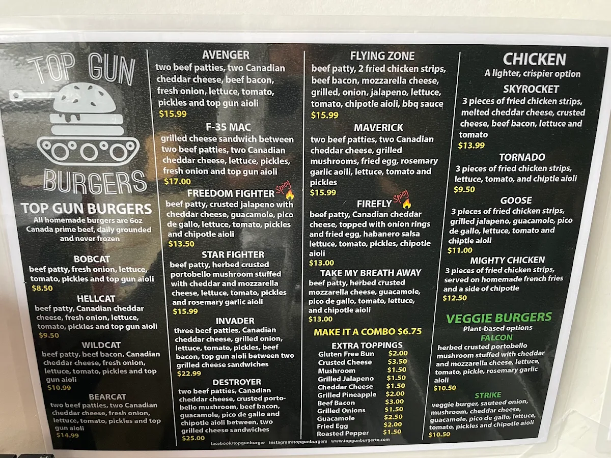 Menu, Top Gun Burger