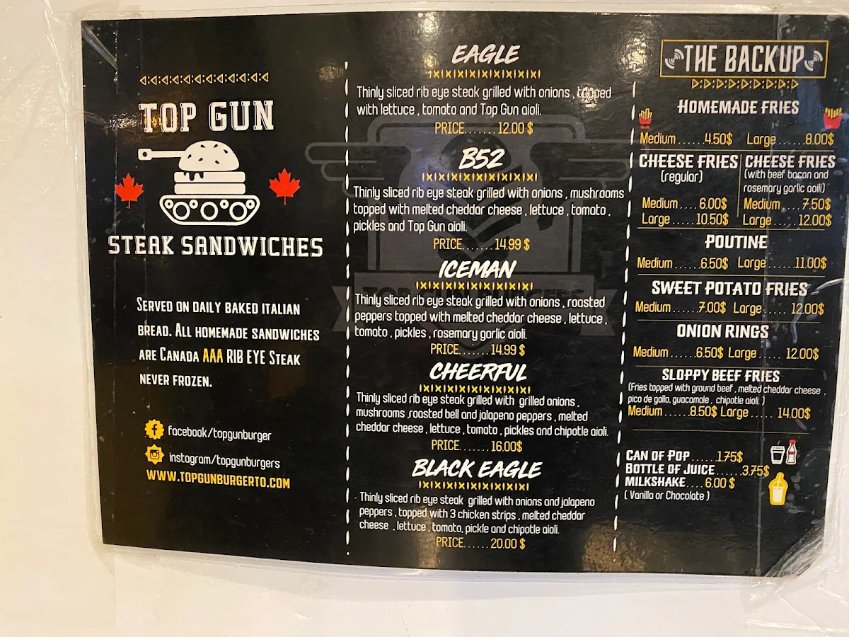 Menu, Top Gun Burger