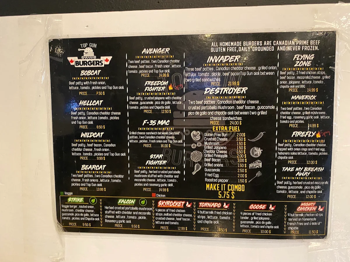 Menu, Top Gun Burger