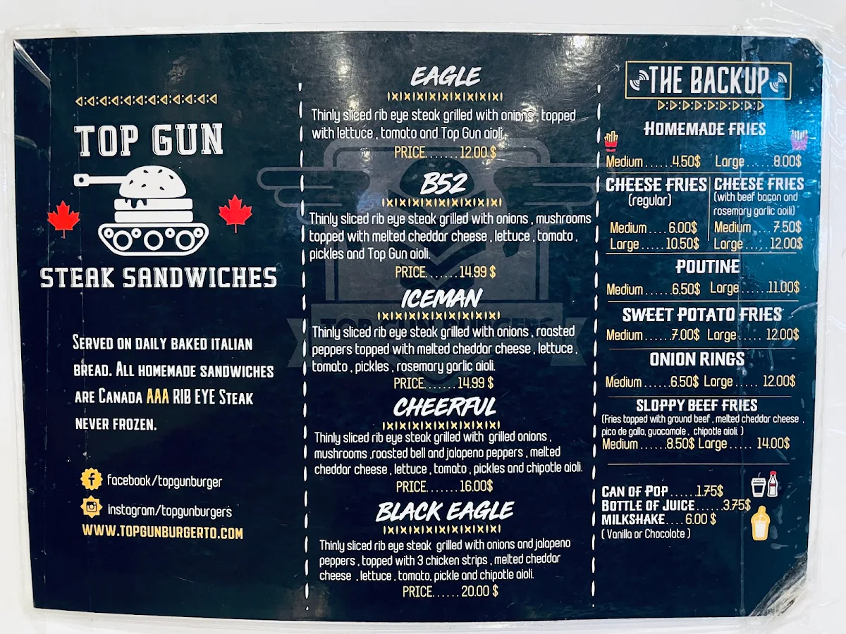 Menu, Top Gun Burger