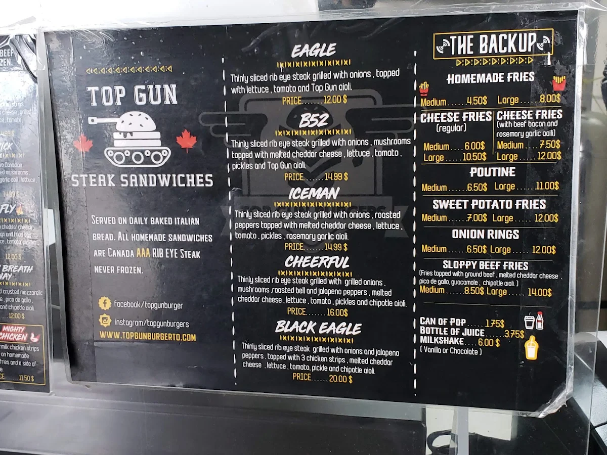 Menu, Top Gun Burger