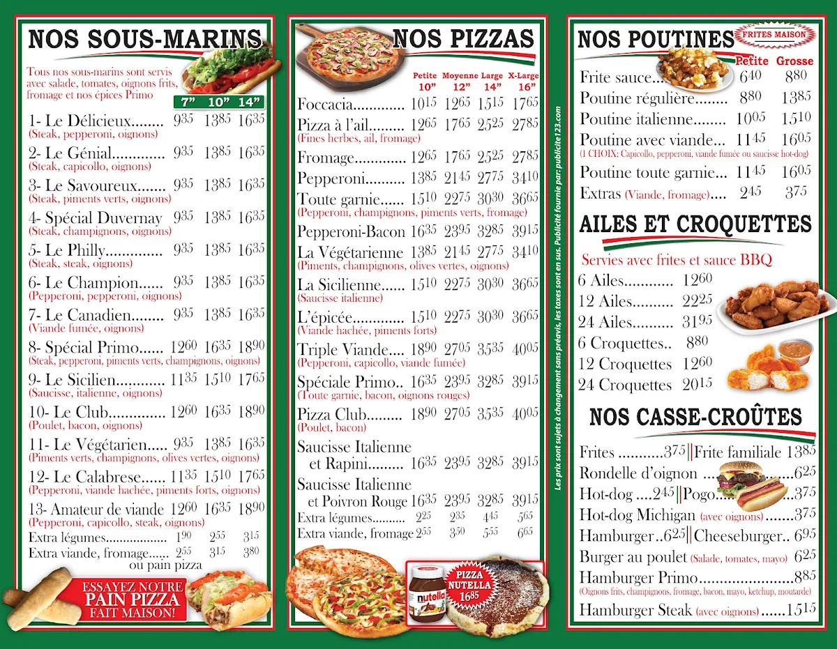 Menu, Primo Pizzeria