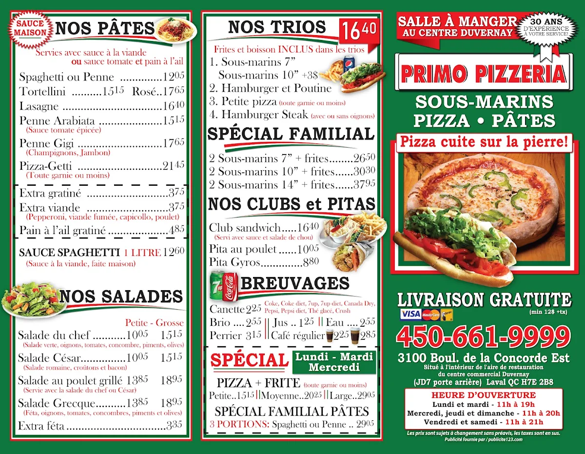 Menu, Primo Pizzeria