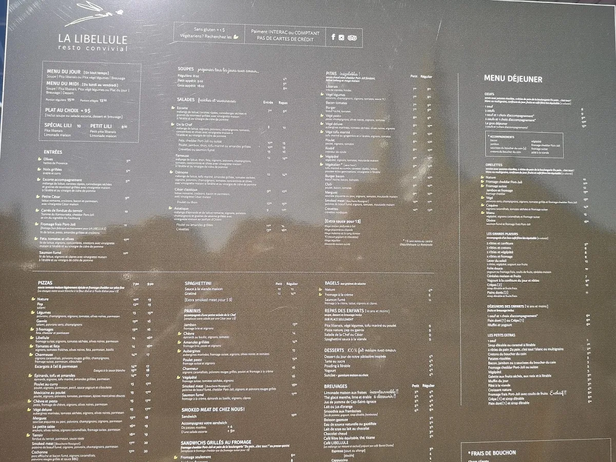 Menu, La Libellule resto convivial