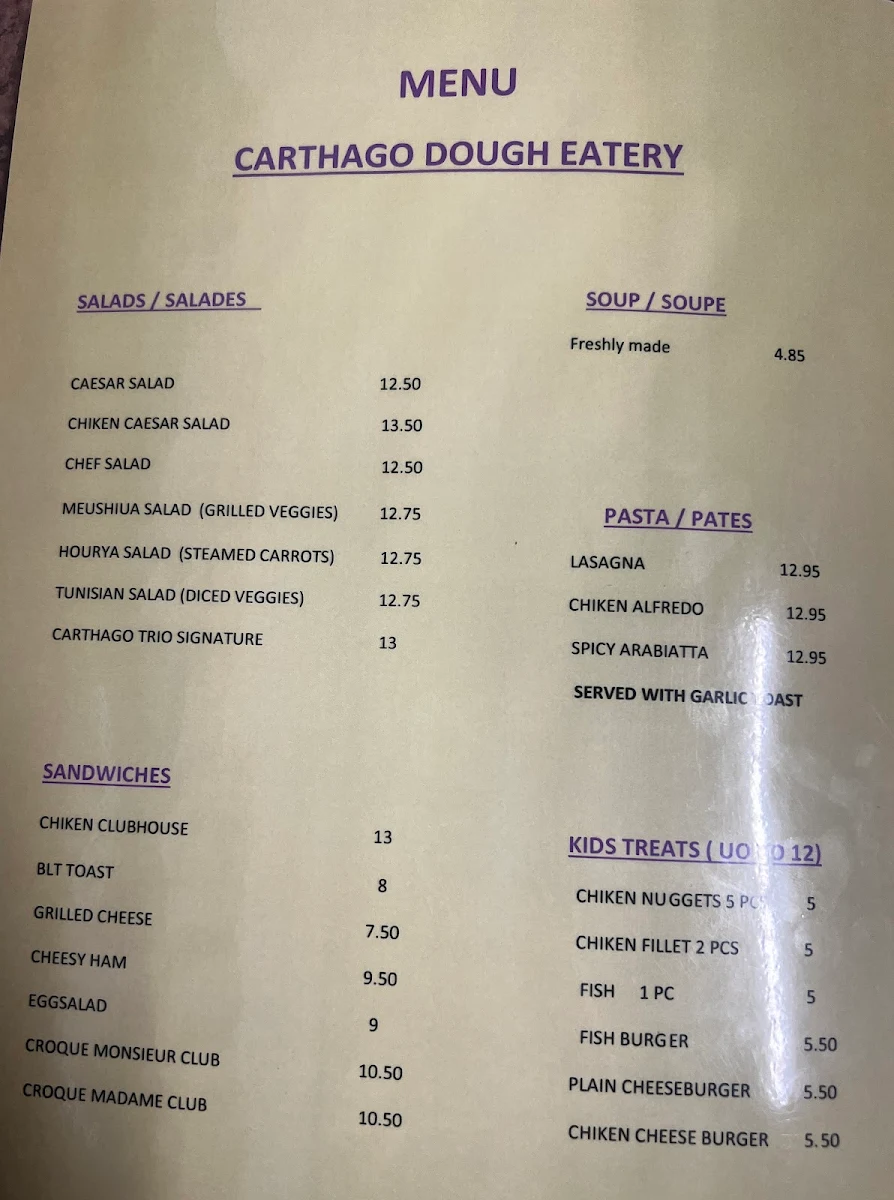 Menu, Carthago Dough Eatery
