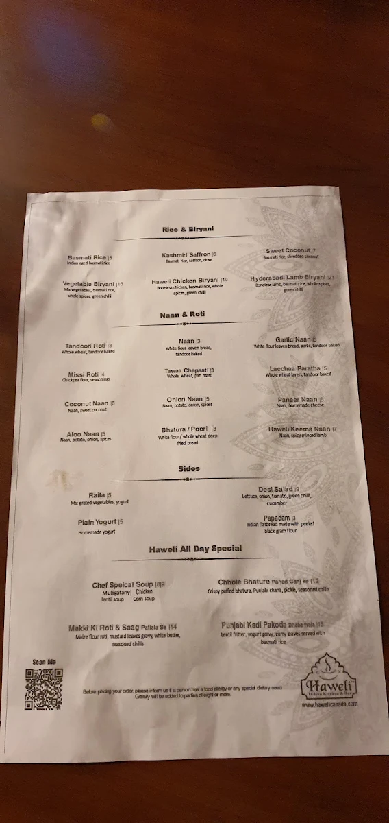 Menu, Haweli Indian Kitchen & Bar