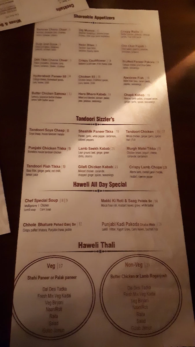 Menu, Haweli Indian Kitchen & Bar