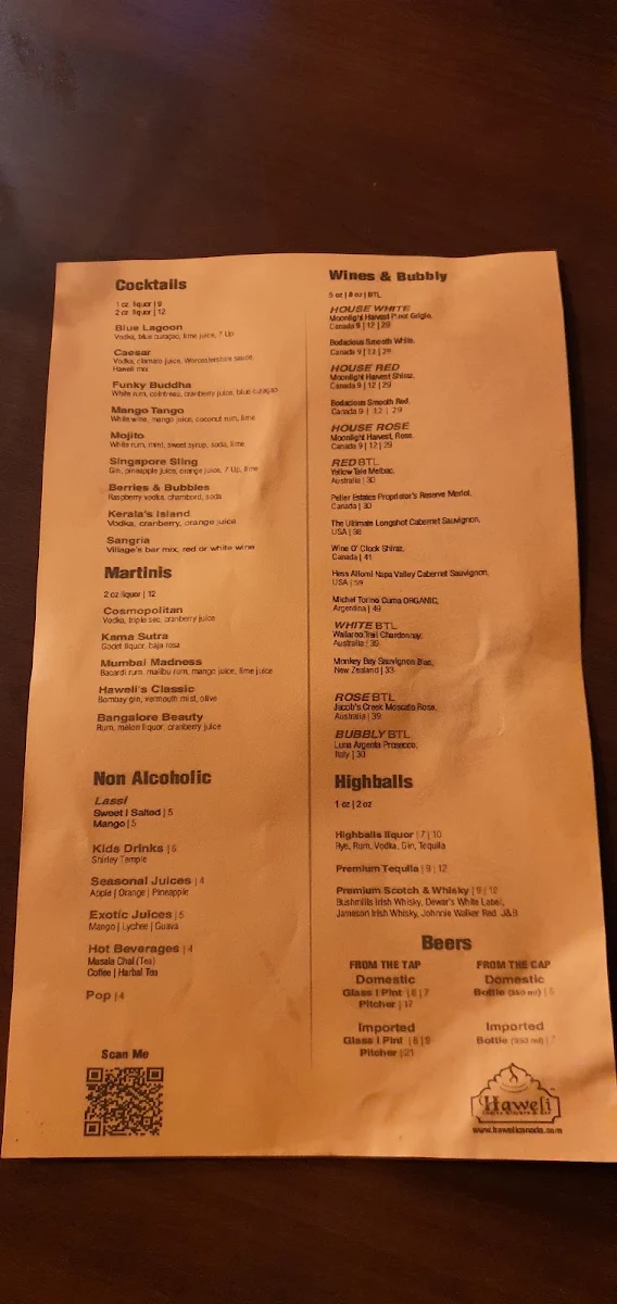 Menu, Haweli Indian Kitchen & Bar
