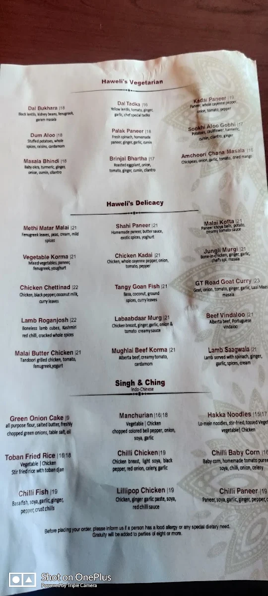 Menu, Haweli Indian Kitchen & Bar