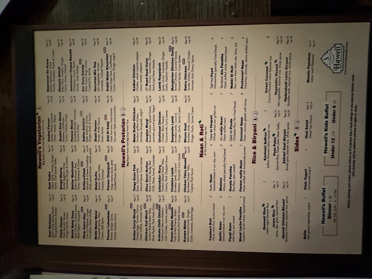 Menu, Haweli Indian Kitchen & Bar