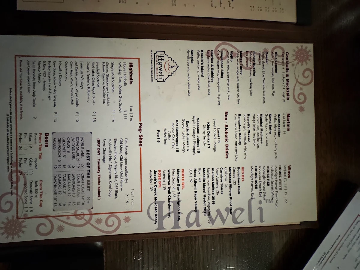 Menu, Haweli Indian Kitchen & Bar