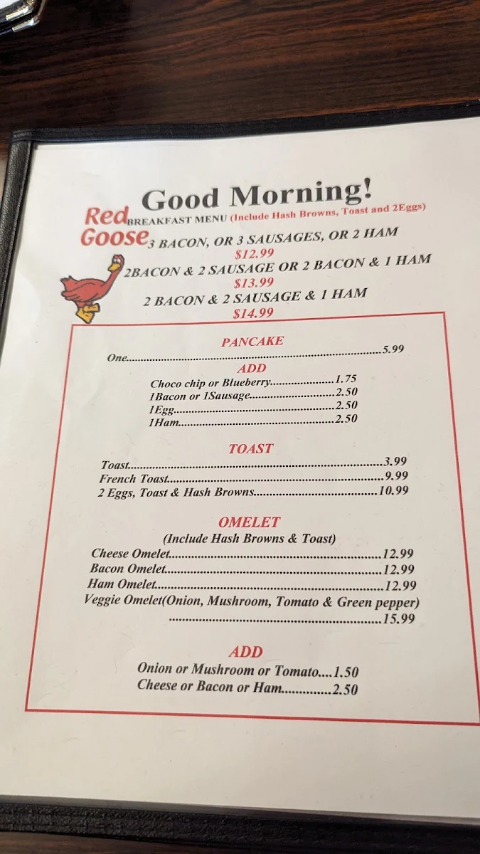 Menu, Red Goose Restaurant