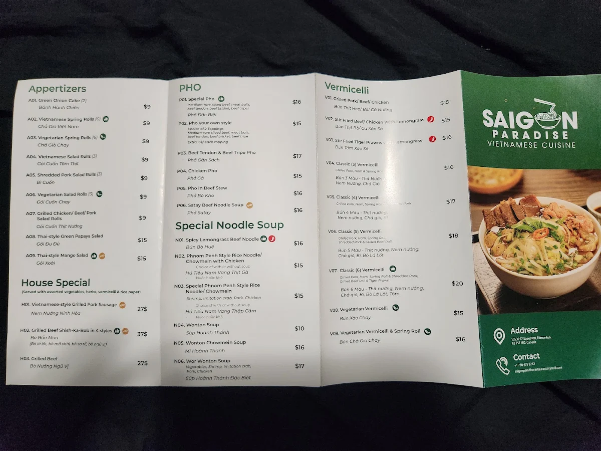 Menu, Saigon Paradise Restaurant