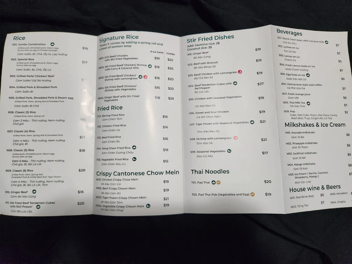 Menu, Saigon Paradise Restaurant