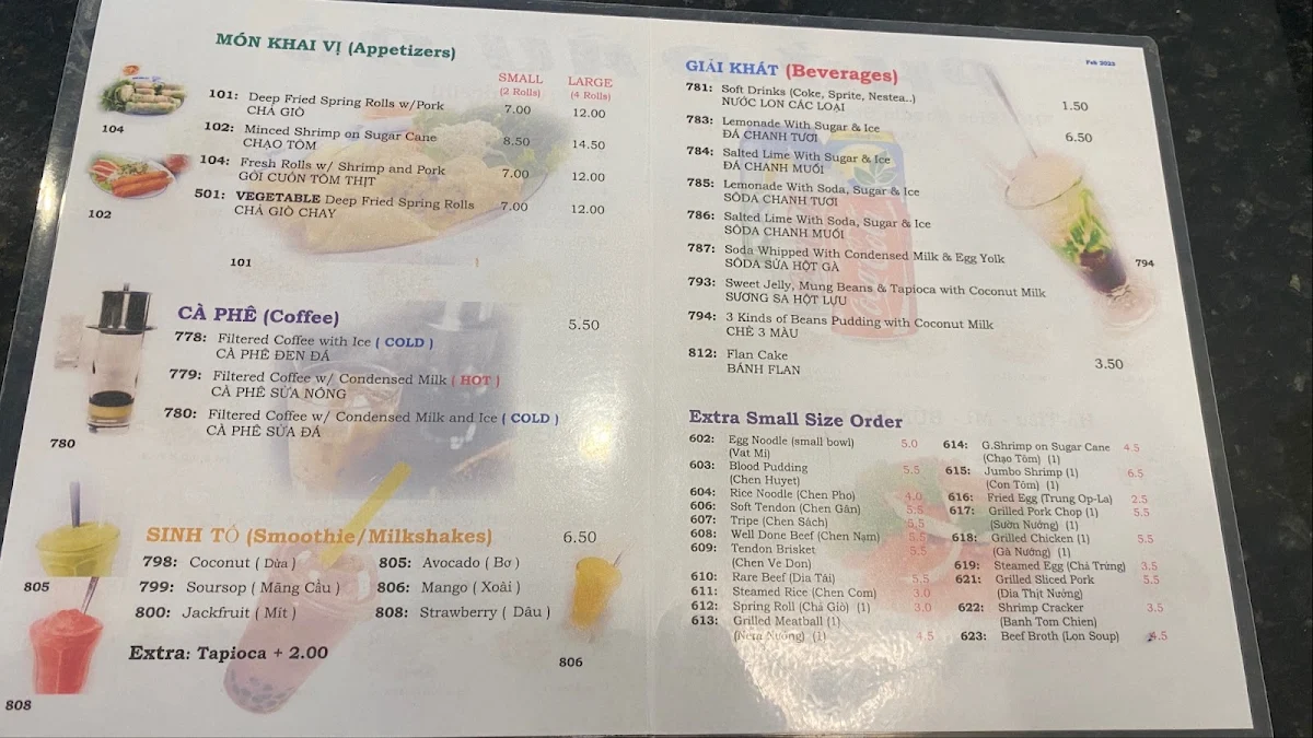 Menu, Pho Dau Bo Restaurant