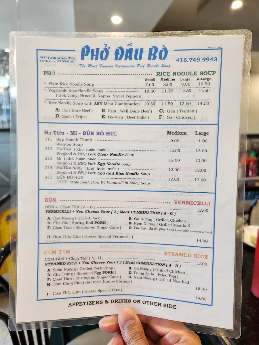 Menu, Pho Dau Bo Restaurant