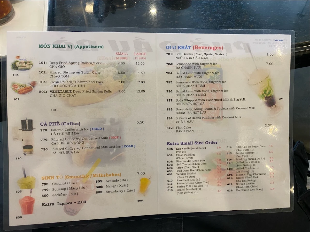 Menu, Pho Dau Bo Restaurant