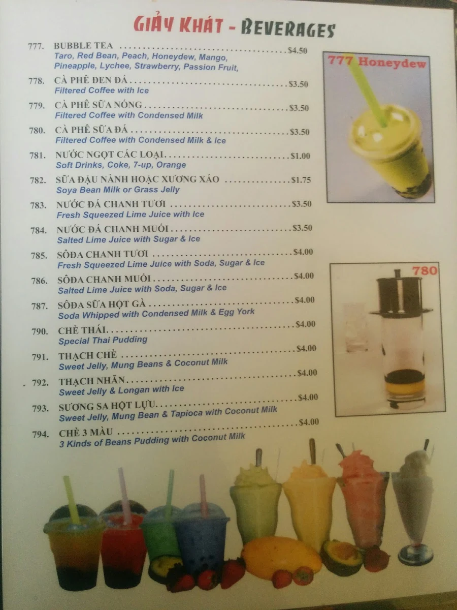 Menu, Pho Dau Bo Restaurant