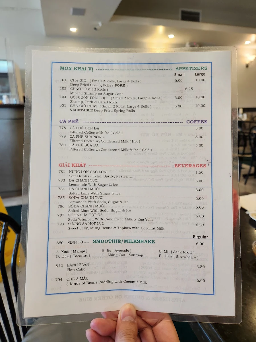 Menu, Pho Dau Bo Restaurant