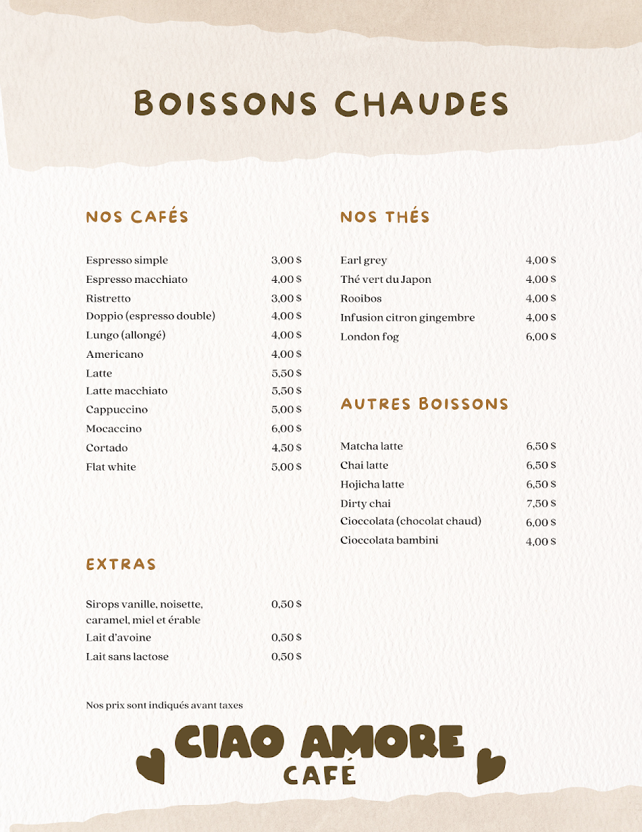 Menu, Ciao Amore Café
