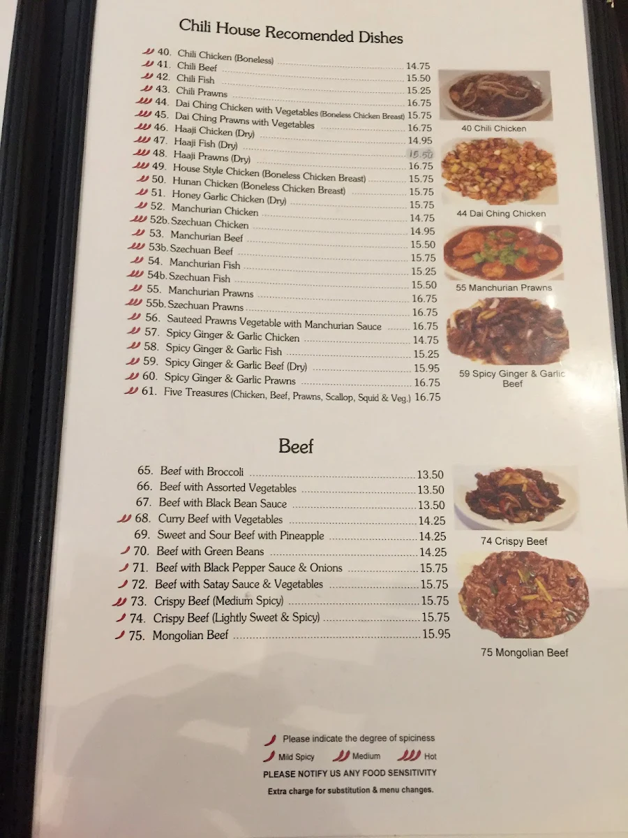 Menu, Chili House Restaurant