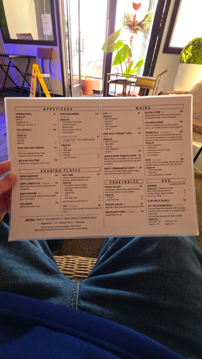 Menu, Mot To Vietnamese Restaurant