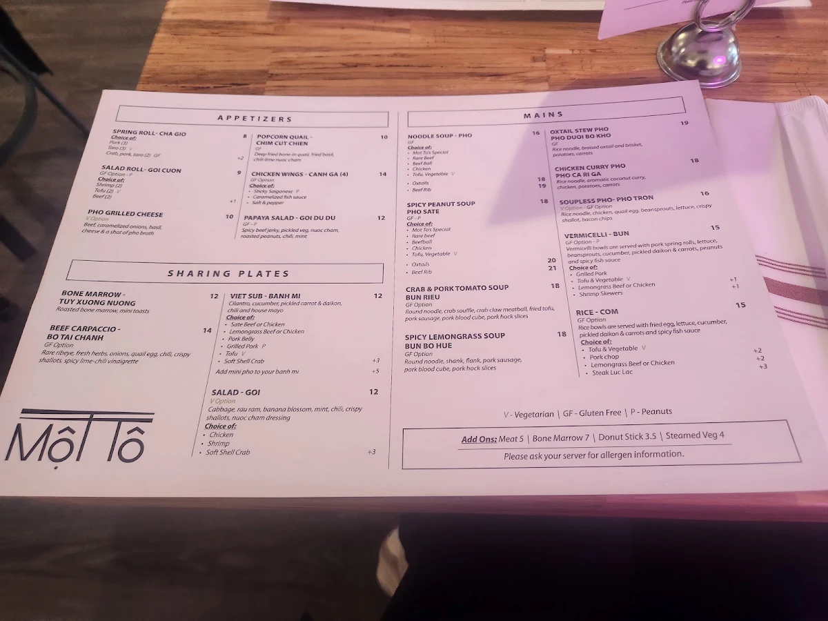 Menu, Mot To Vietnamese Restaurant