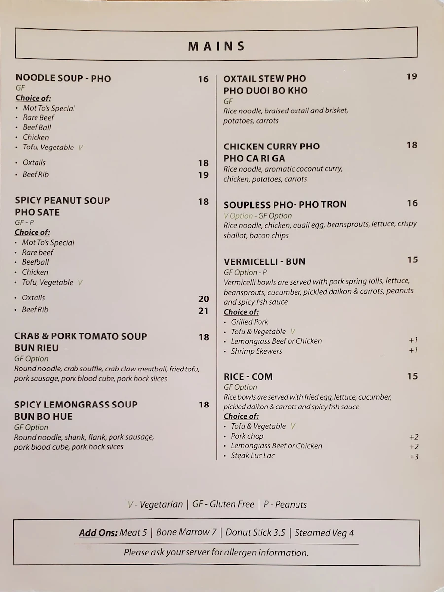 Menu, Mot To Vietnamese Restaurant