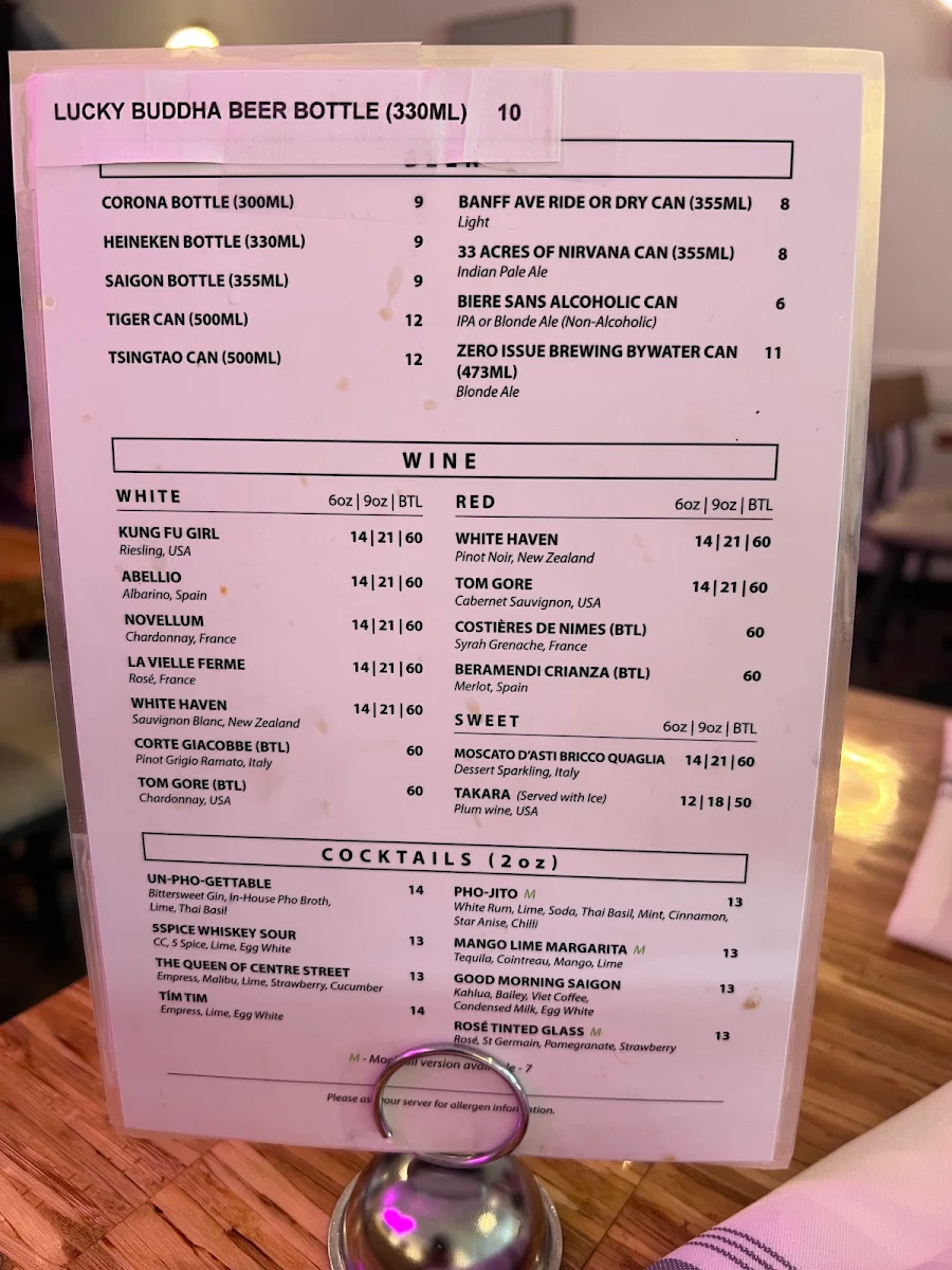Menu, Mot To Vietnamese Restaurant