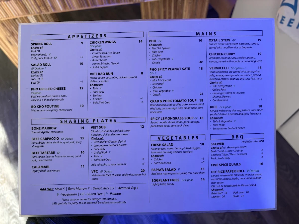 Menu, Mot To Vietnamese Restaurant