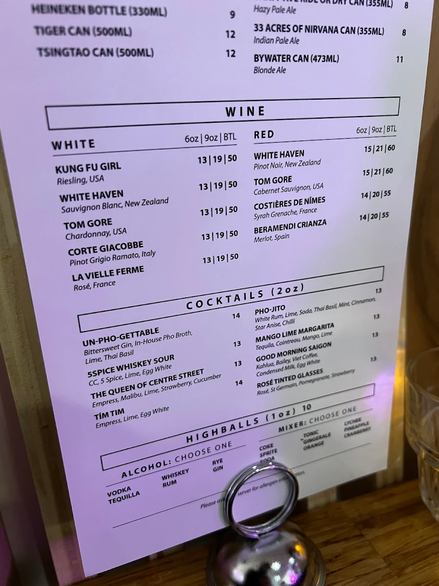 Menu, Mot To Vietnamese Restaurant