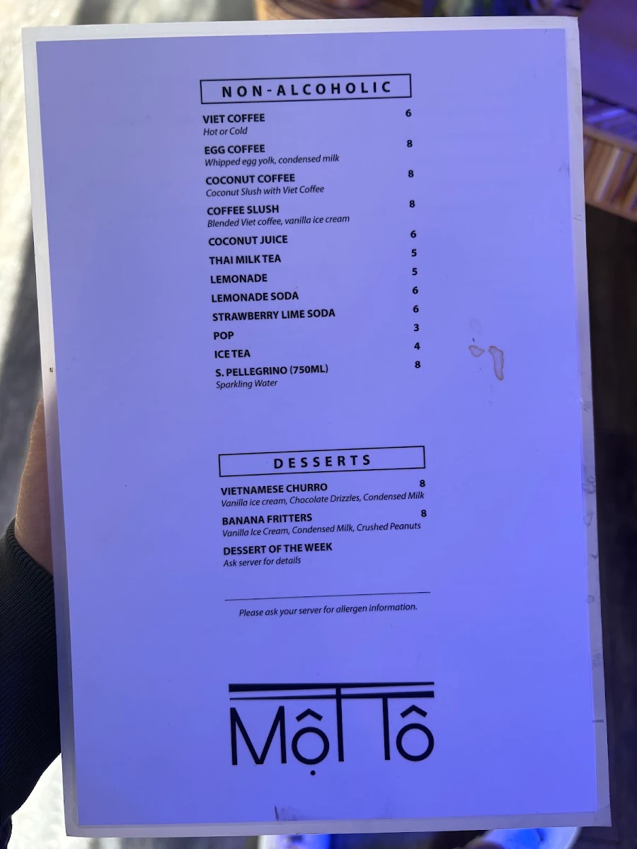 Menu, Mot To Vietnamese Restaurant