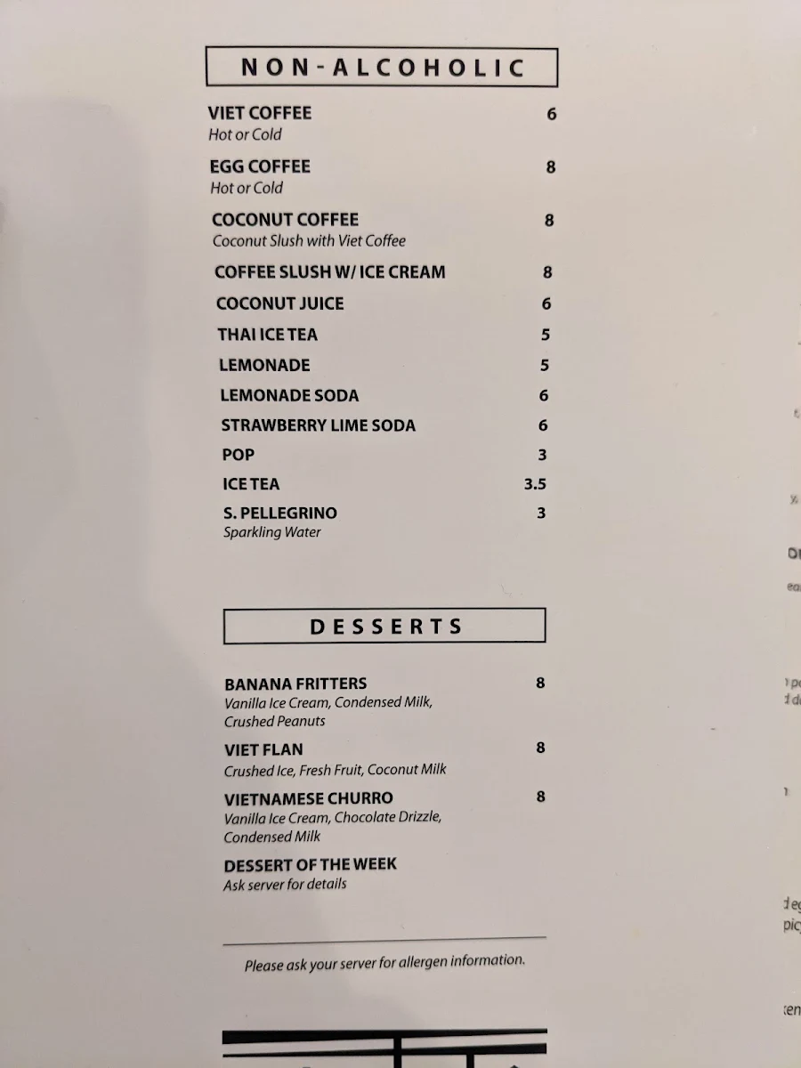 Menu, Mot To Vietnamese Restaurant
