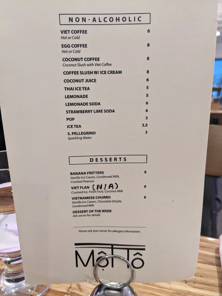 Menu, Mot To Vietnamese Restaurant