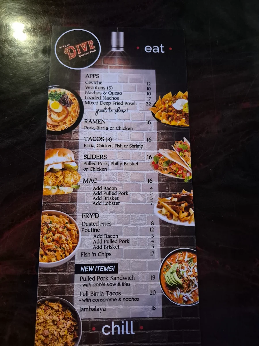 Menu, The Dive Gastro Pub
