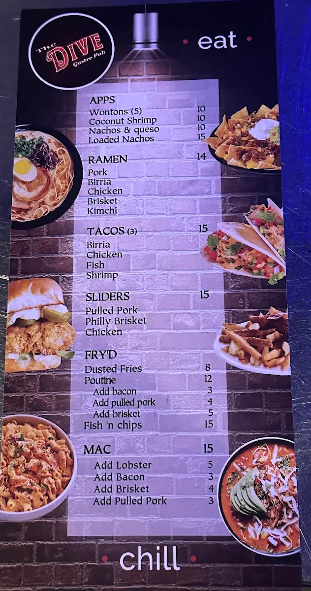 Menu, The Dive Gastro Pub