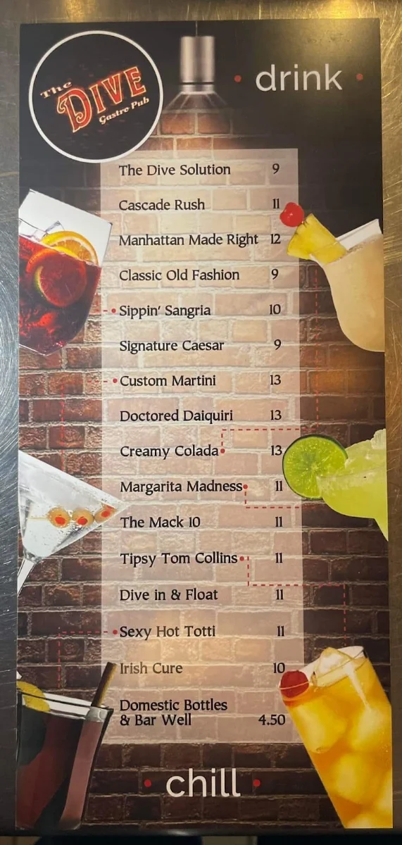 Menu, The Dive Gastro Pub