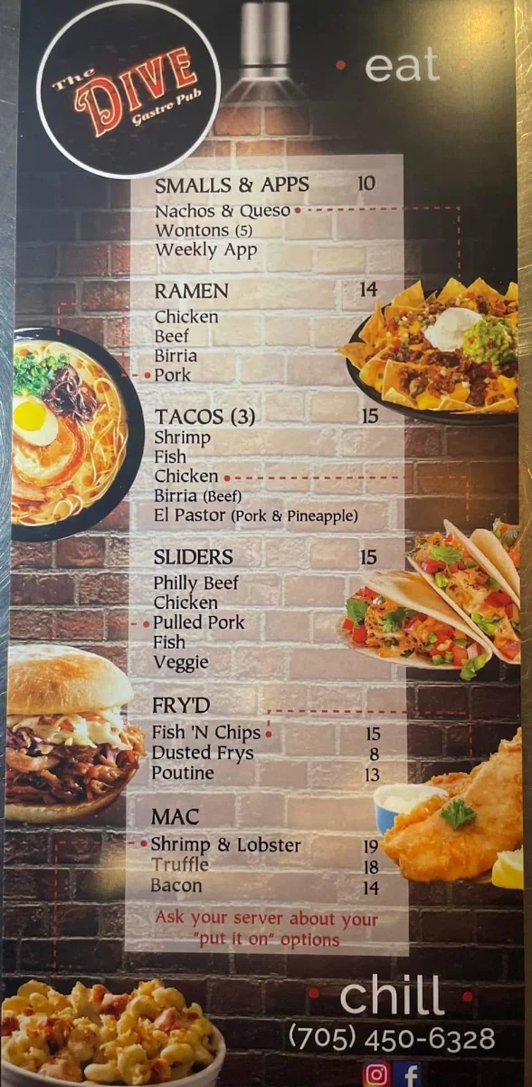 Menu, The Dive Gastro Pub