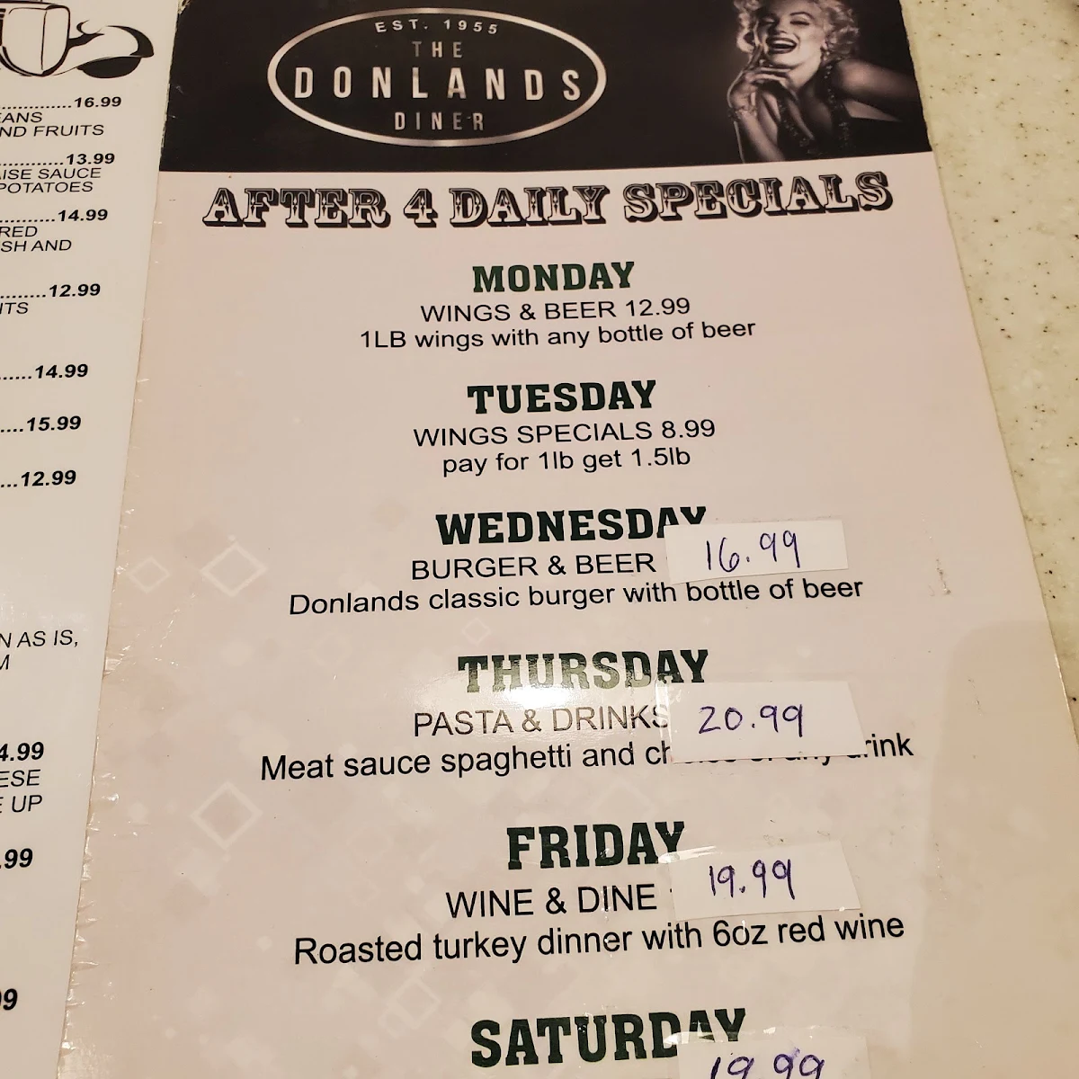 Menu, The Donlands Diner