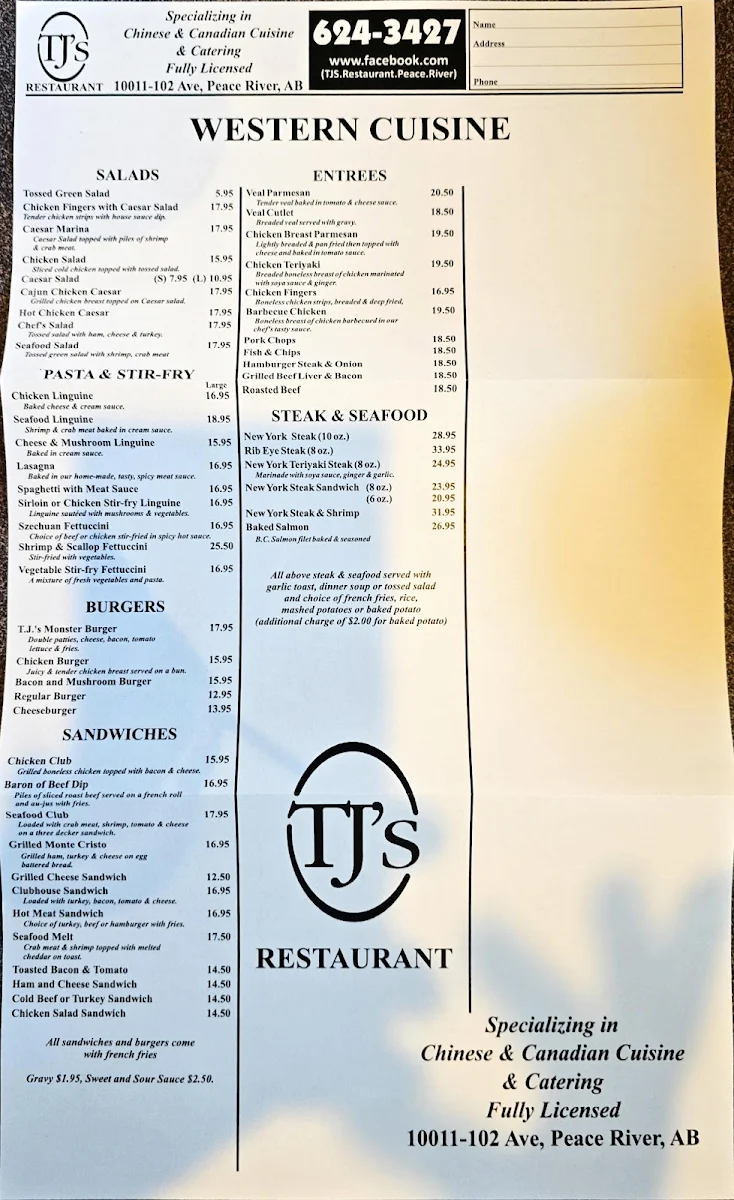 Menu, T J's Restaurant