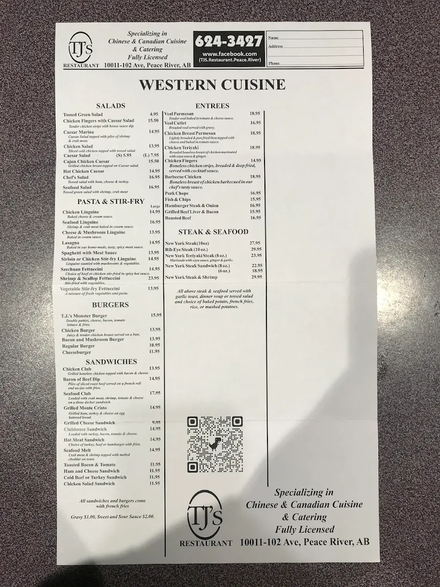 Menu, T J's Restaurant